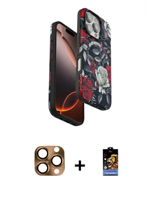ieg™ iPhone 16 Pro Max Kılıf Siluet Doku - Siyah Buffer Hayalet Cam Ekran Koruyucu + Pers Alüminyum Kamera Lens - CLTM