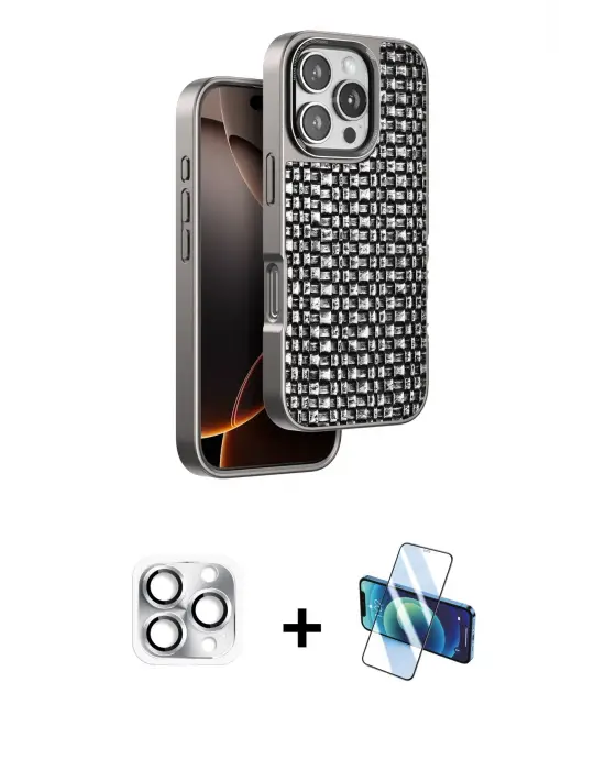 ieg™ iPhone 16 Pro Max Kılıf Siluet Form Serisi - Siyah 3D Antistatik Seramik Nano Ekran Koruyucu + Pers Alüminyum Kamera Lens - GS