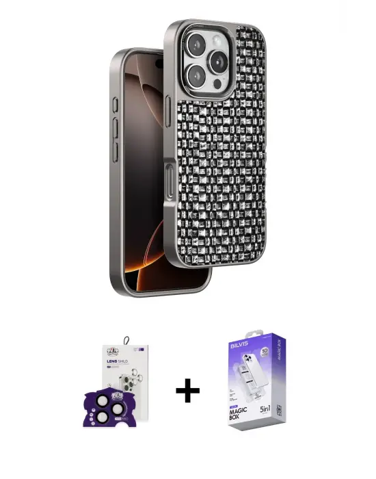 ieg™ iPhone 16 Pro Max Kılıf Siluet Form Serisi - Siyah Bilvis 5in1 3D Magic Cam Ekran Koruyucu + Bilvis Titan Kamera Lens - SH