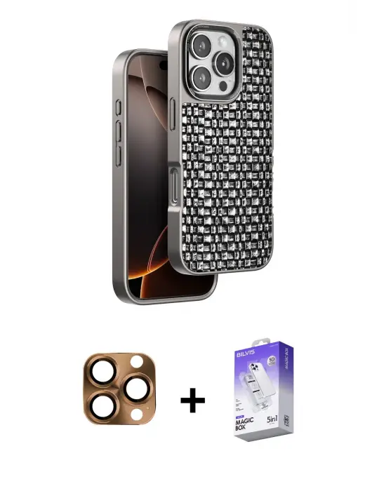ieg™ iPhone 16 Pro Max Kılıf Siluet Form Serisi - Siyah Bilvis 5in1 3D Magic Cam Ekran Koruyucu + Pers Alüminyum Kamera Lens - CLTM