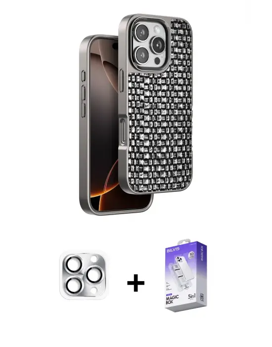 ieg™ iPhone 16 Pro Max Kılıf Siluet Form Serisi - Siyah Bilvis 5in1 3D Magic Cam Ekran Koruyucu + Pers Alüminyum Kamera Lens - GS