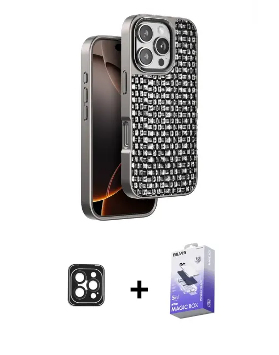 ieg™ iPhone 16 Pro Max Kılıf Siluet Form Serisi - Siyah Bilvis 5in1 5D Magic Hayalet Cam Ekran Koruyucu + PVD Metal Kamera Lens - SH