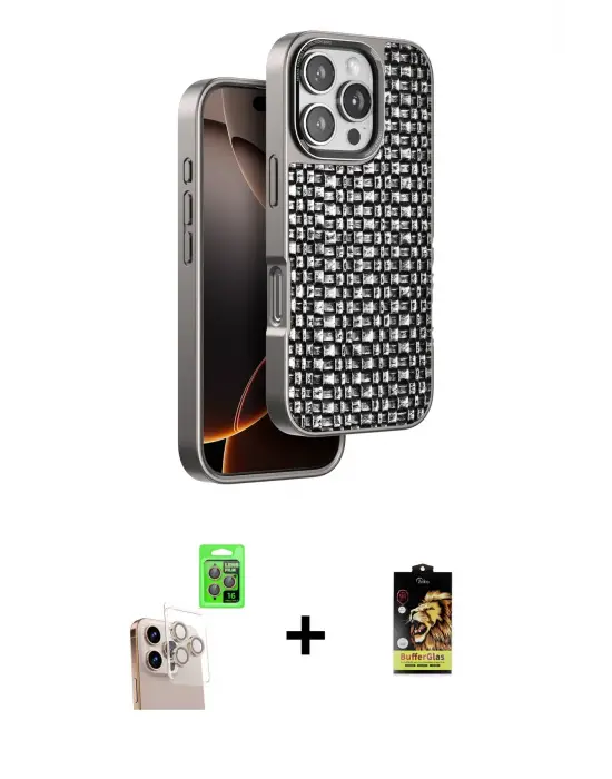 ieg™ iPhone 16 Pro Max Kılıf Siluet Form Serisi - Siyah Buffer Cam Ekran Koruyucu + Raze Metal Kamera Lens - NLGY