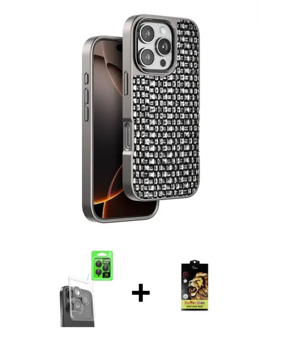 ieg™ iPhone 16 Pro Max Kılıf Siluet Form Serisi - Siyah Buffer Cam Ekran Koruyucu + Raze Metal Kamera Lens - SH