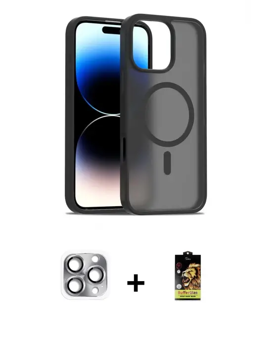 ieg™ iPhone 16 Pro Max Kılıf Siluet Minimal Prime - Siyah Buffer Cam Ekran Koruyucu + Pers Alüminyum Kamera Lens - GI