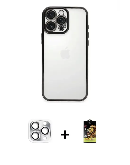 ieg™ iPhone 16 Pro Max Kılıf Vadi Minimal - Siyah Buffer Cam Ekran Koruyucu + Pers Alüminyum Kamera Lens - GS