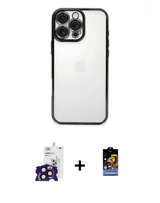 ieg™ iPhone 16 Pro Max Kılıf Vadi Minimal - Siyah Buffer Hayalet Cam Ekran Koruyucu + Bilvis Titan Kamera Lens - SH