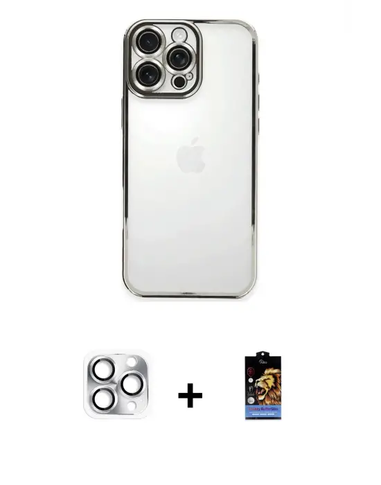 ieg™ iPhone 16 Pro Max Kılıf Vadi Minimal - Siyah Buffer Hayalet Cam Ekran Koruyucu + Pers Alüminyum Kamera Lens - GS