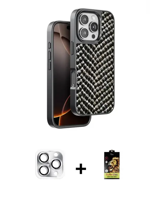 ieg™ iPhone 16 Pro Max Kılıf Vadi Özel Seri - Siyah Buffer Cam Ekran Koruyucu + Pers Alüminyum Kamera Lens - GS