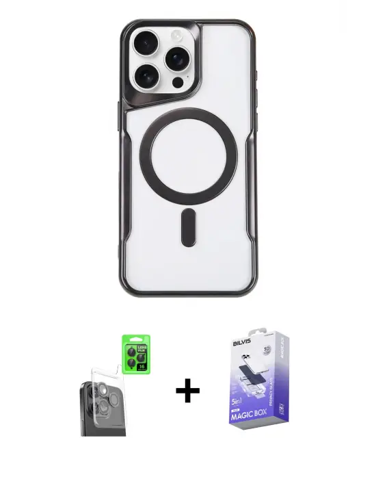 ieg™ iPhone 16 Pro Max Kılıf Yadigar Klasik Özel Seri - Siyah Bilvis 5in1 5D Magic Hayalet Cam Ekran Koruyucu + Raze Metal Kamera Lens - SH