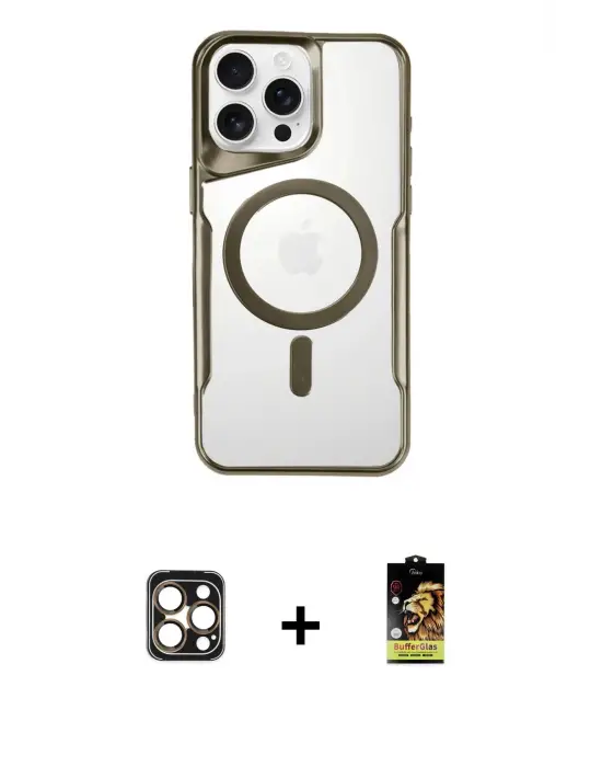 ieg™ iPhone 16 Pro Max Kılıf Yadigar Klasik Özel Seri - Siyah Buffer Cam Ekran Koruyucu + PVD Metal Kamera Lens - GD