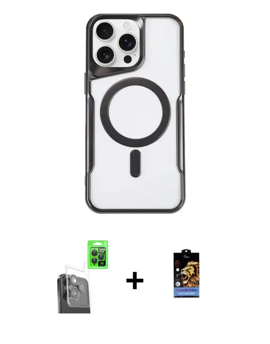 ieg™ iPhone 16 Pro Max Kılıf Yadigar Klasik Özel Seri - Siyah Buffer Hayalet Cam Ekran Koruyucu + Raze Metal Kamera Lens - SH