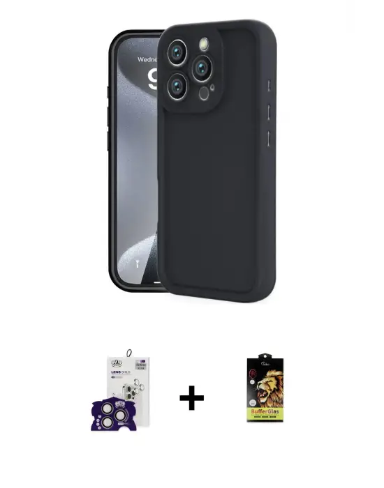 ieg™ iPhone 16 Pro Max Kılıf Yankı Yansıma Özel Seri - Siyah Buffer Cam Ekran Koruyucu + Bilvis Titan Kamera Lens - TMGI