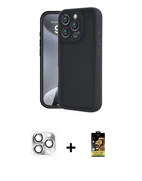 ieg™ iPhone 16 Pro Max Kılıf Yankı Yansıma Özel Seri - Siyah Buffer Cam Ekran Koruyucu + Pers Alüminyum Kamera Lens - GS