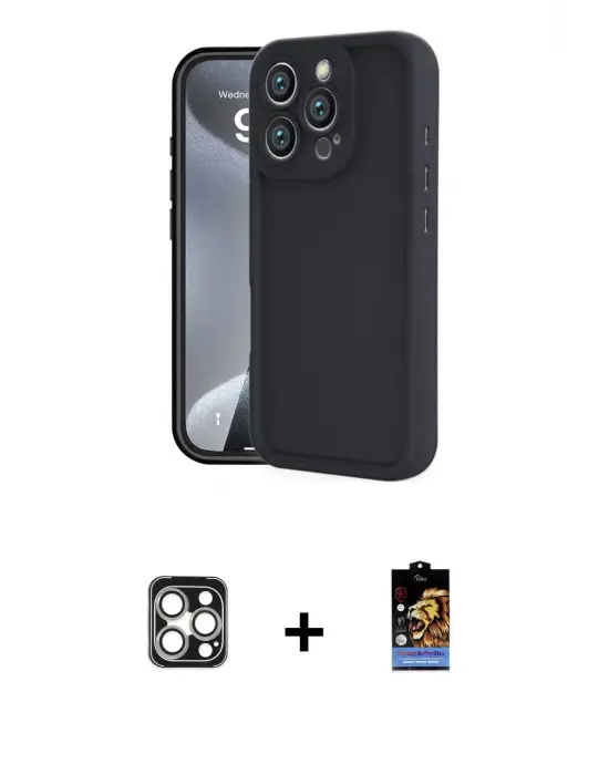 ieg™ iPhone 16 Pro Max Kılıf Yankı Yansıma Özel Seri - Siyah Buffer Hayalet Cam Ekran Koruyucu + PVD Metal Kamera Lens - GS