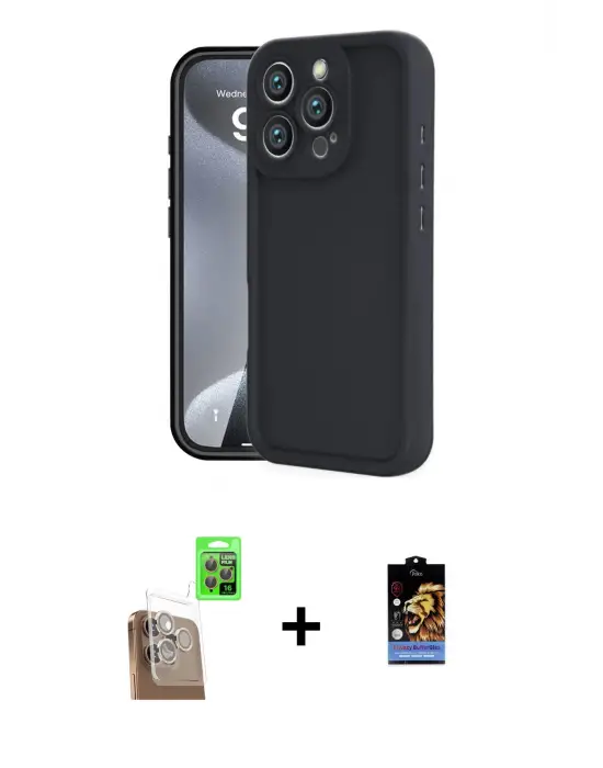 ieg™ iPhone 16 Pro Max Kılıf Yankı Yansıma Özel Seri - Siyah Buffer Hayalet Cam Ekran Koruyucu + Raze Metal Kamera Lens - CLTM