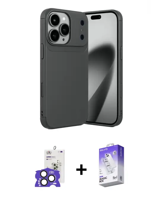 ieg™ iPhone 17 Pro Max Kılıf Eksen Form Prime - Siyah Bilvis 5in1 3D Magic Cam Ekran Koruyucu + Bilvis Titan Kamera Lens - NLGY