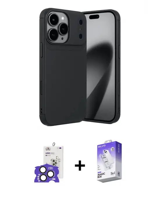 ieg™ iPhone 17 Pro Max Kılıf Eksen Form Prime - Siyah Bilvis 5in1 3D Magic Cam Ekran Koruyucu + Bilvis Titan Kamera Lens - NLGY