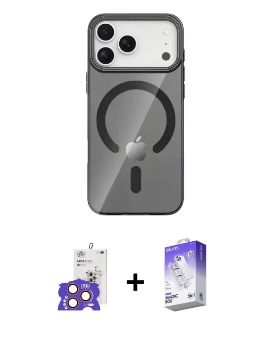 ieg™ iPhone 17 Pro Max Kılıf Pusula Form Özel Seri - Siyah Bilvis 5in1 3D Magic Cam Ekran Koruyucu + Bilvis Titan Kamera Lens - TU