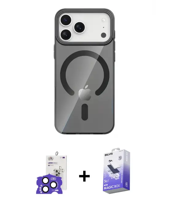 ieg™ iPhone 17 Pro Max Kılıf Pusula Form Özel Seri - Siyah Bilvis 5in1 5D Magic Hayalet Cam Ekran Koruyucu + Bilvis Titan Kamera Lens - LT