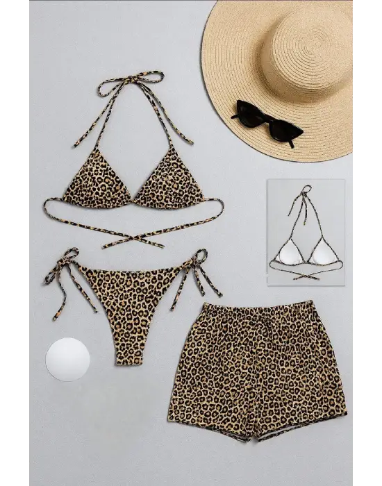 ieg™ Kadın 3lü Set Leopar Desenli Şortlu ve Yandan Bağlamalı Bikini Mayo Takımı