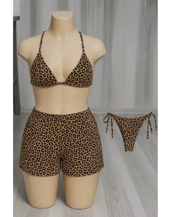 ieg™ Kadın 3lü Set Leopar Desenli Şortlu ve Yandan Bağlamalı Bikini Mayo Takımı