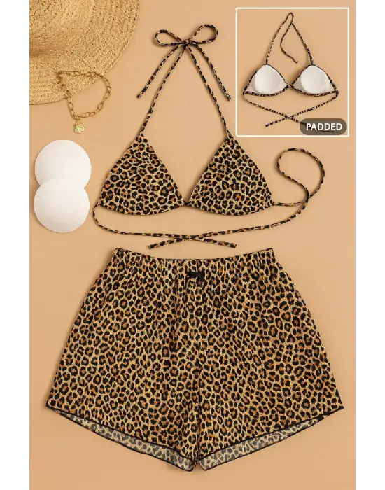 ieg™ Kadın 3lü Set Leopar Desenli Şortlu ve Yandan Bağlamalı Bikini Mayo Takımı