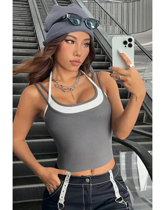ieg™ Kadın Antrasit Gri Beyaz Çift Renk Çapraz Askılı Crop Top Bluz
