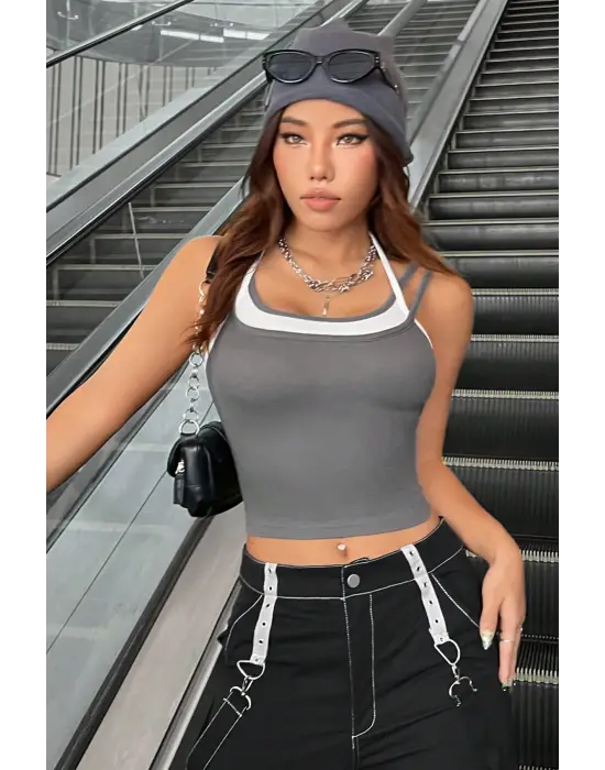 ieg™ Kadın Antrasit Gri Beyaz Çift Renk Çapraz Askılı Crop Top Bluz