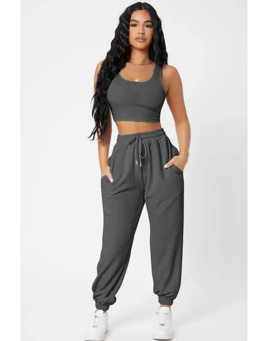 ieg™ Kadın Antrasit Gri Kaşkorse Cepli Jogger Eşofman Altı ve Crop Top Bluz