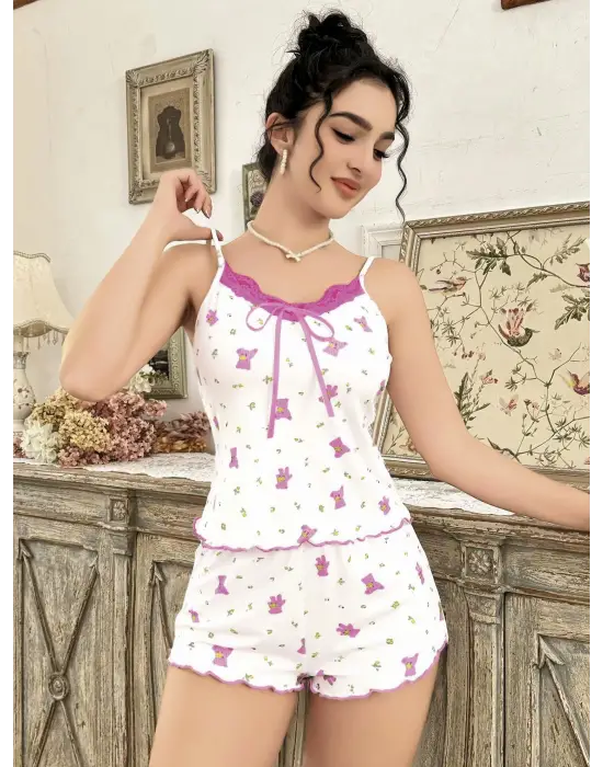 ieg™ Kadın Ayıcık ve Çiçek Desenli Şortlu Gecelik Takım 5113