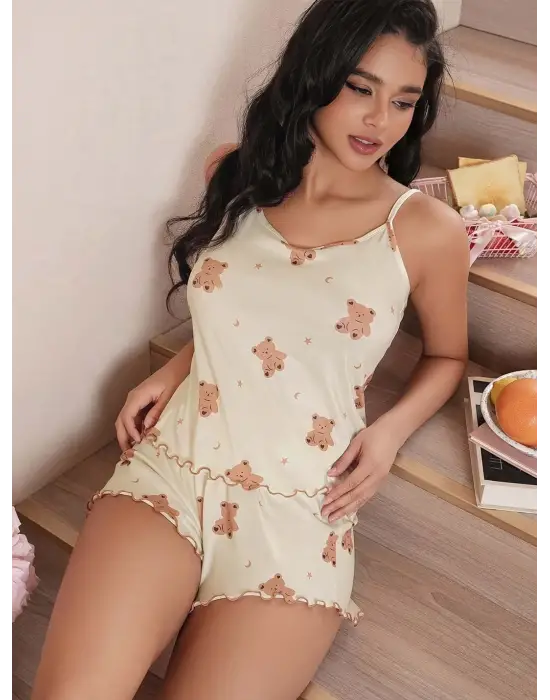 ieg™ Kadın Bej Ayıcık Desenli Örme Yazlık Şort Takım 5199