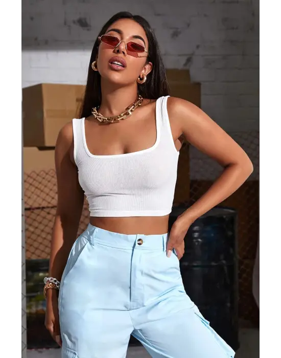 ieg™ Kadın Beyaz Kalın Askılı Crop Top Büstiyer