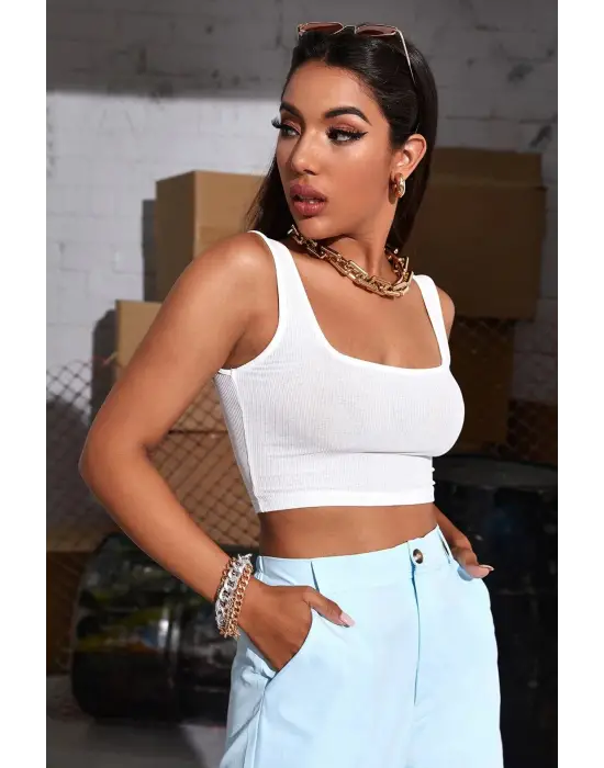 ieg™ Kadın Beyaz Kalın Askılı Crop Top Büstiyer