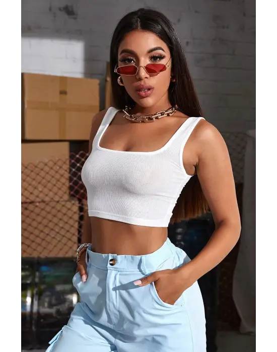 ieg™ Kadın Beyaz Kalın Askılı Crop Top Büstiyer