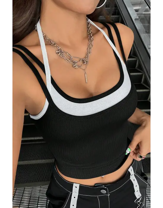 ieg™ Kadın Beyaz Siyah Çift Renk Çapraz Askılı Crop Top Bluz