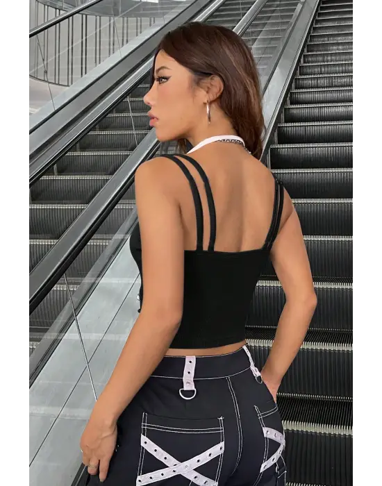 ieg™ Kadın Beyaz Siyah Çift Renk Çapraz Askılı Crop Top Bluz