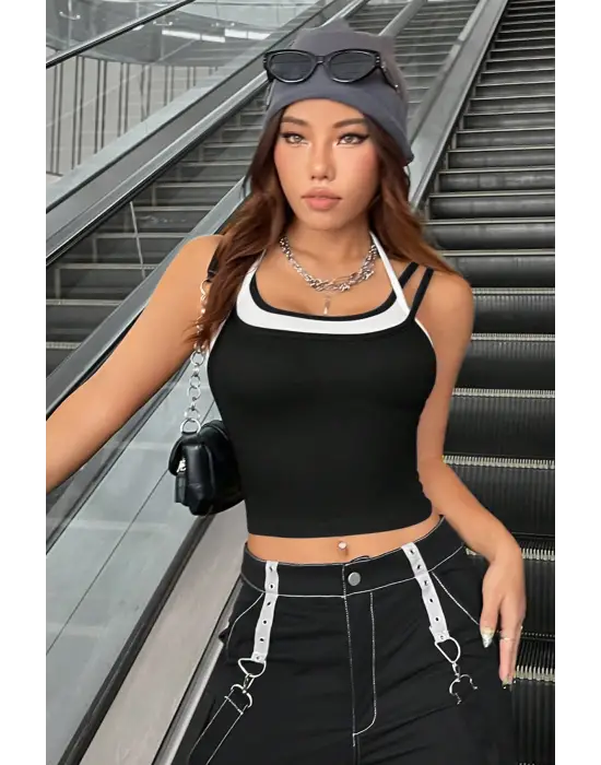 ieg™ Kadın Beyaz Siyah Çift Renk Çapraz Askılı Crop Top Bluz