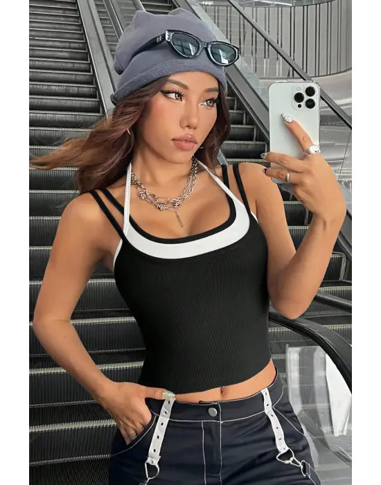 ieg™ Kadın Beyaz Siyah Çift Renk Çapraz Askılı Crop Top Bluz