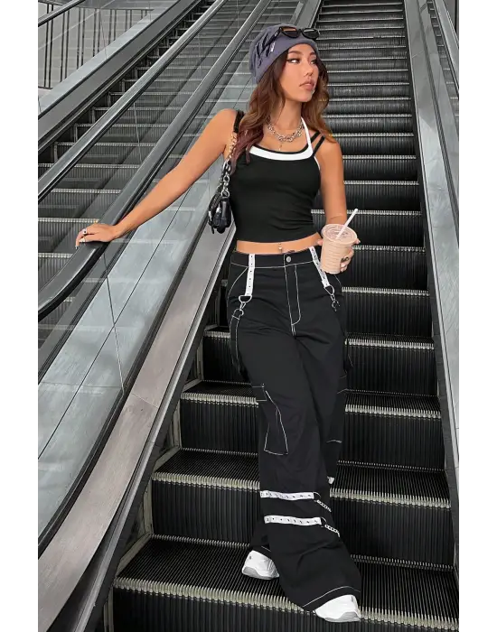 ieg™ Kadın Beyaz Siyah Çift Renk Çapraz Askılı Crop Top Bluz