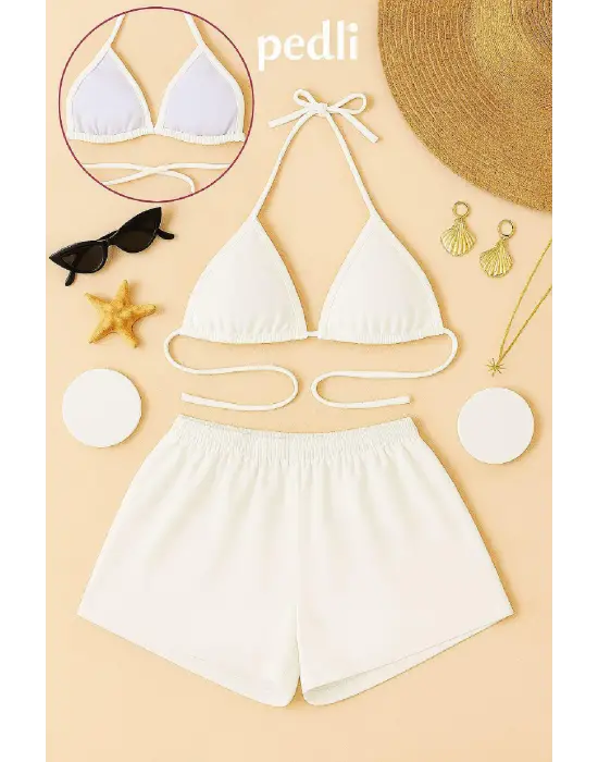 ieg™ Kadın Beyaz Şortlu Belden ve Boyundan Bağlamalı Bikini Takımı