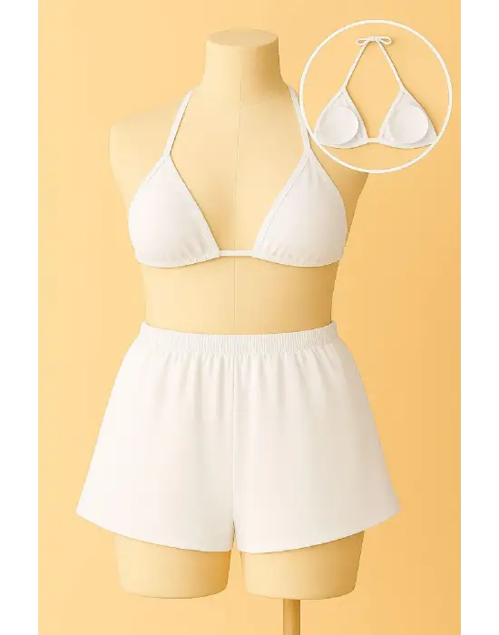 ieg™ Kadın Beyaz Şortlu Belden ve Boyundan Bağlamalı Bikini Takımı