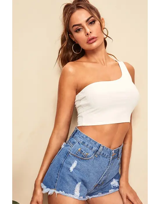 ieg™ Kadın Beyaz Tek Omuz Crop Büstiyer