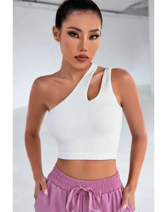 ieg™ Kadın Beyaz Tek Omuz Cut Out Detaylı Crop Top Bluz
