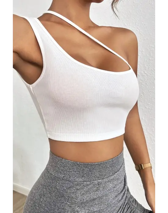 ieg™ Kadın Beyaz Tek Omuzlu Çapraz Askılı Crop Top Büstiyer
