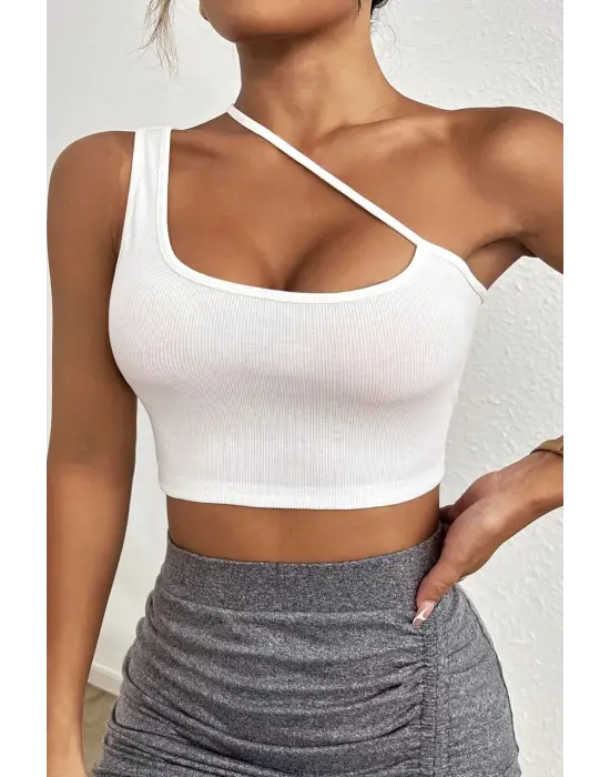 ieg™ Kadın Beyaz Tek Omuzlu Çapraz Askılı Crop Top Büstiyer