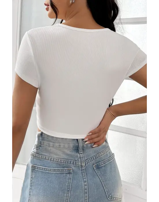 ieg™ Kadın Beyaz Yarım Kol Düz Yaka Crop Top Bluz