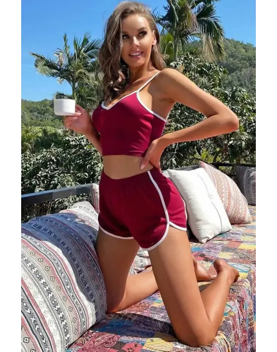 ieg™ Kadın Bordo Askılı Crop Top ve Şortlu Gecelik Takım
