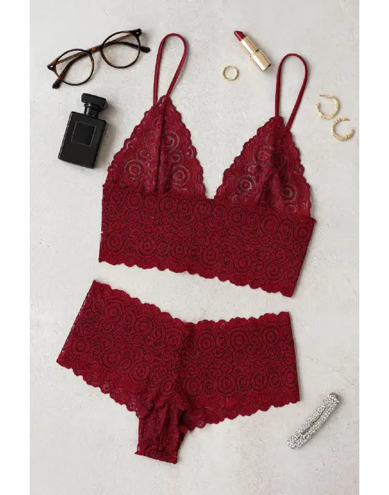 ieg™ Kadın Bordo Dantel Bralet Şort Takımı – Asil ve Sofistike İç Giyim