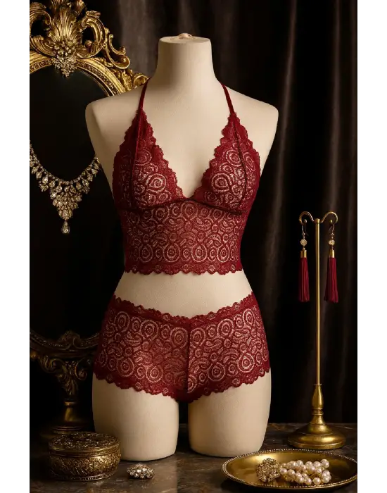 ieg™ Kadın Bordo Dantel Bralet Şort Takımı – Asil ve Sofistike İç Giyim